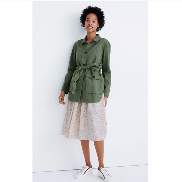 Madewell Tie Waist Military Jacket Herringbone Button Front Palm Tree Green M - Picture 1 of 8